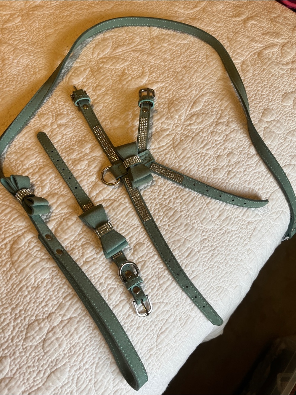 Pet Teal colored Bow Harness Set with Rhinestone Accents